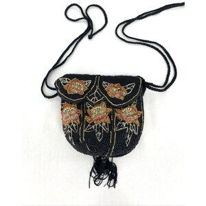 Glass Bead Drawstring Purse Satin Lined Strap Shoulder Bag Black 7" 24" Strap